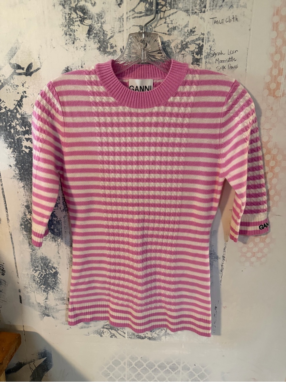 Ganni Cashmere Pink & White Striped Short-Sleeve Crew Sweater